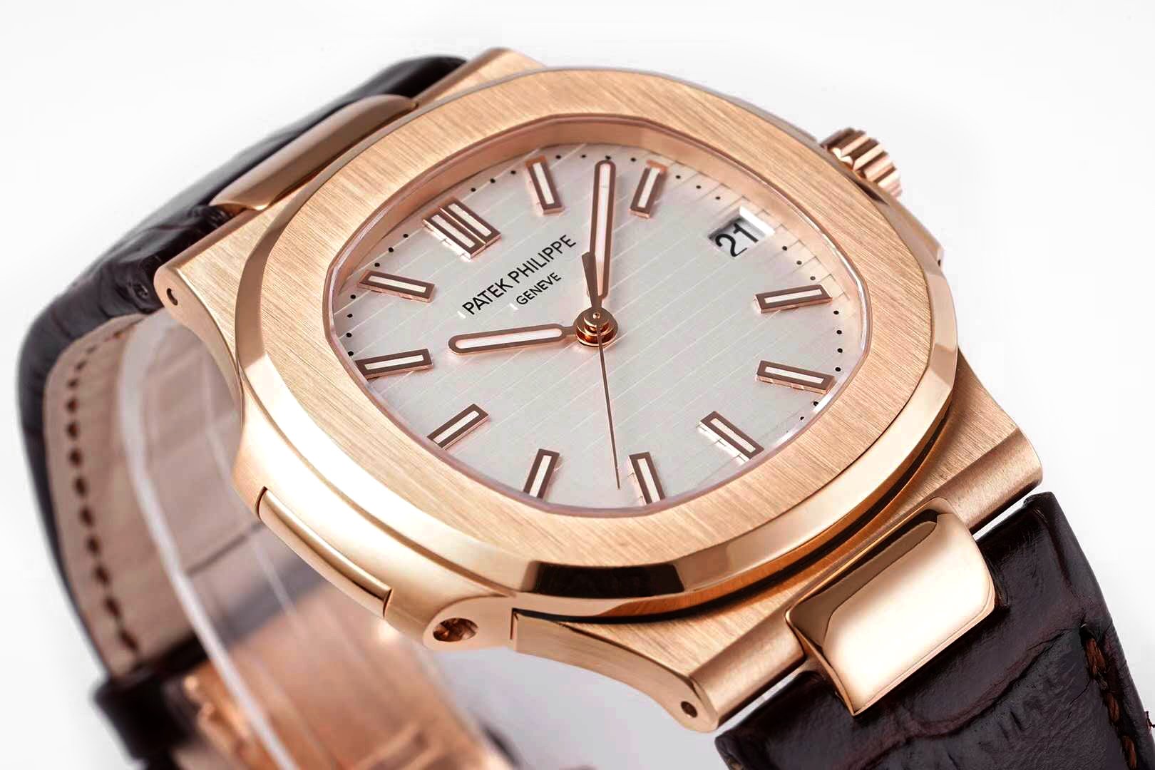 Nautilus Jumbo 5711 White Dial in Rose Gold with Brown Leather Strap