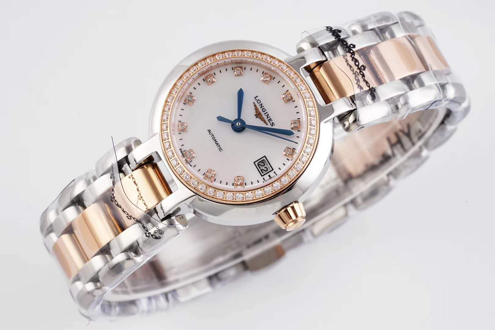 Primaluna MOP White Dial with D1am0nd Markers and D1am0nd Bezel in Rose Gold
