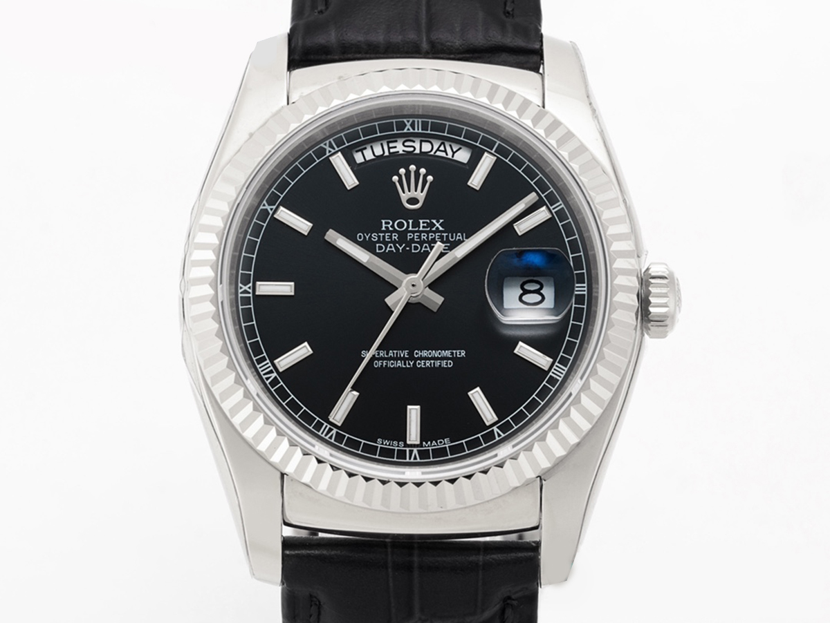 Day-Date 40 Black Dial in White Gold on Leather Strap