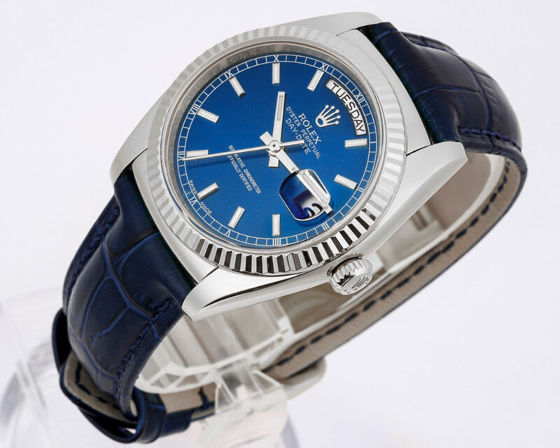 Day-Date 40 Blue Dial in White Gold on Leather Strap