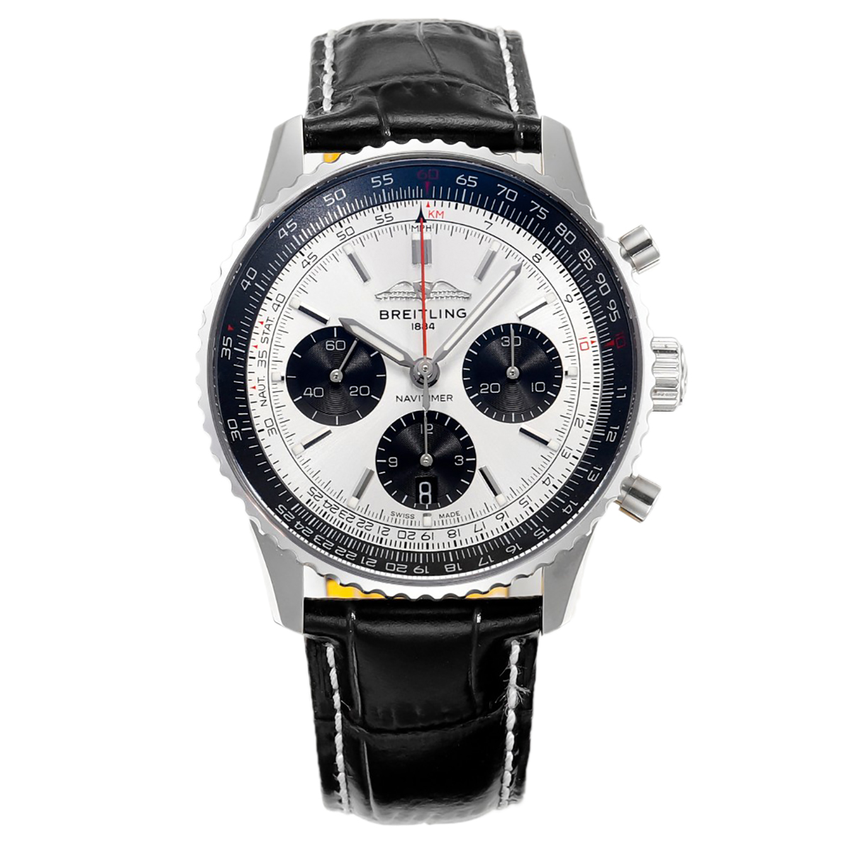Navitimer B01 Chronograph 43 Silver Dial in Steel on Leather Strap Ref. AB0138241G1P1